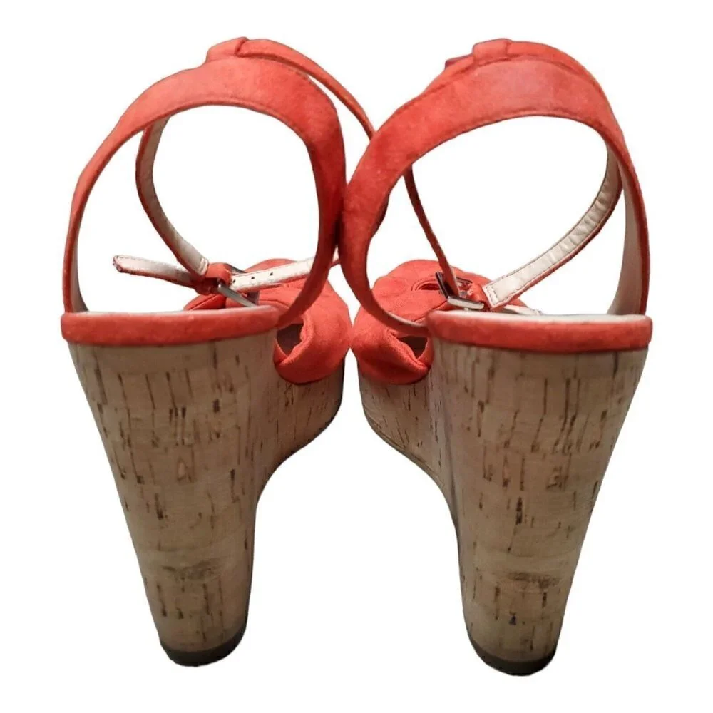 BP Women's Faux Suede Ankle Strap Orange Cork Wedge Heels Open Toe Shoes Sz 10M